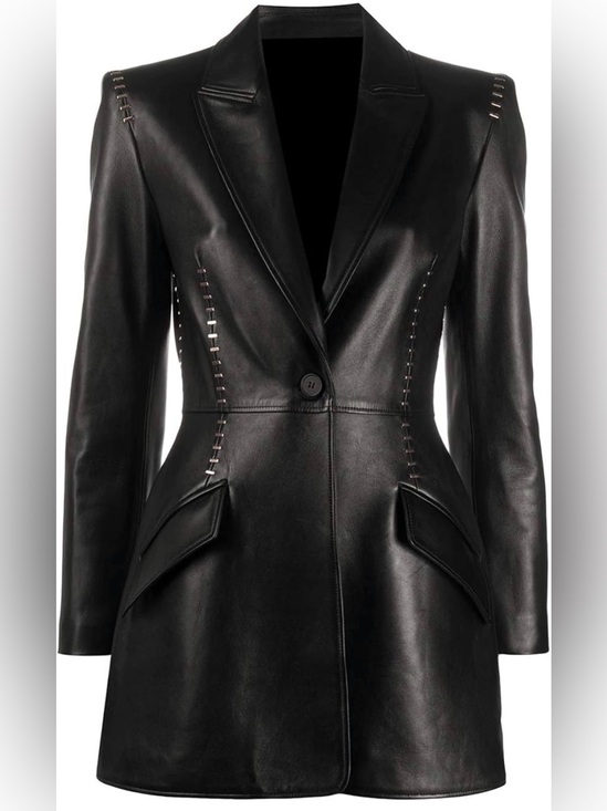 Jackets & Blazers - Studded Genuine Lambskin Leather Blazer Coat Black One Button Long Jacket XS-3XL